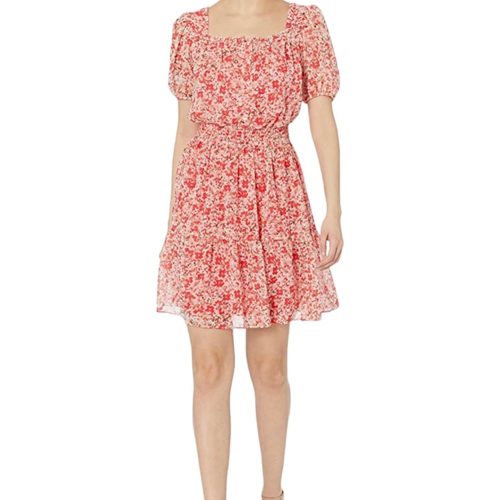 Taylor Coral/Pink Chiffon Ditsy Floral Short Sleeve Smocked Waist Mini Dress